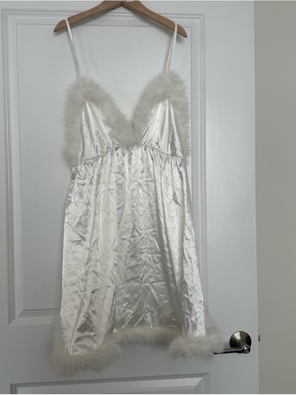 White Satin Marabou Trim Slip Dress